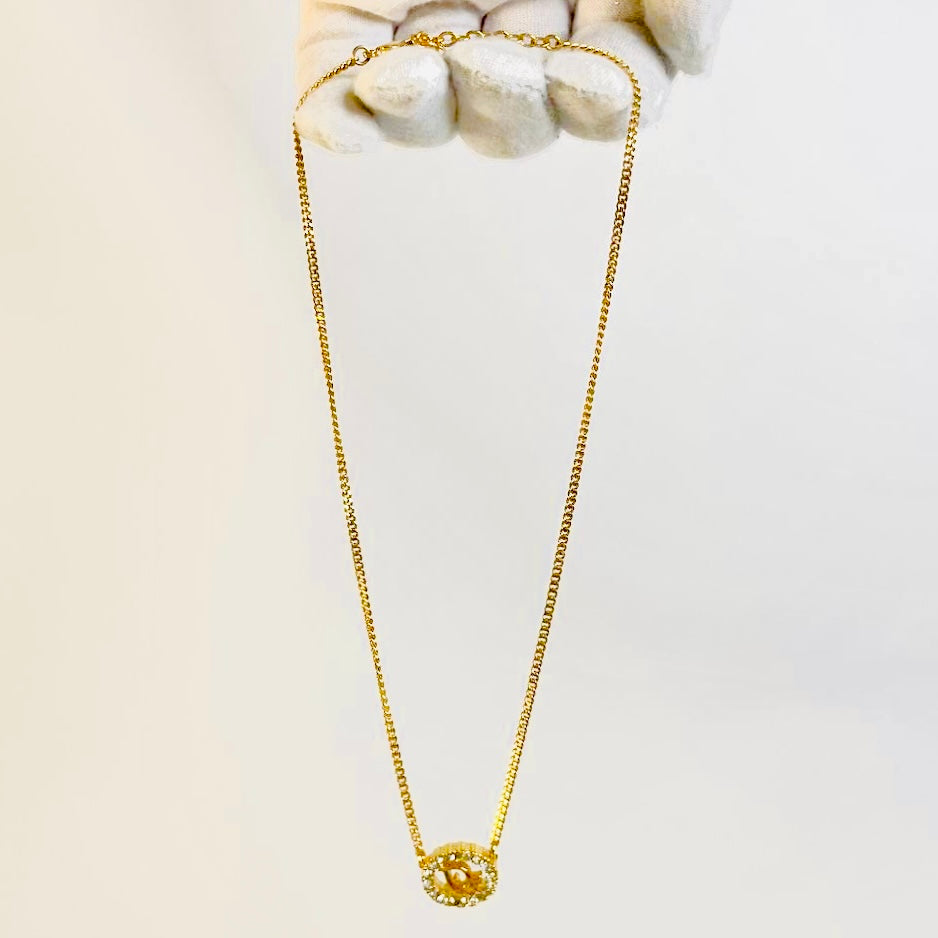 Christian Dior Gold Monogram Logo & Crystals Classic Vintage Pendant Necklace