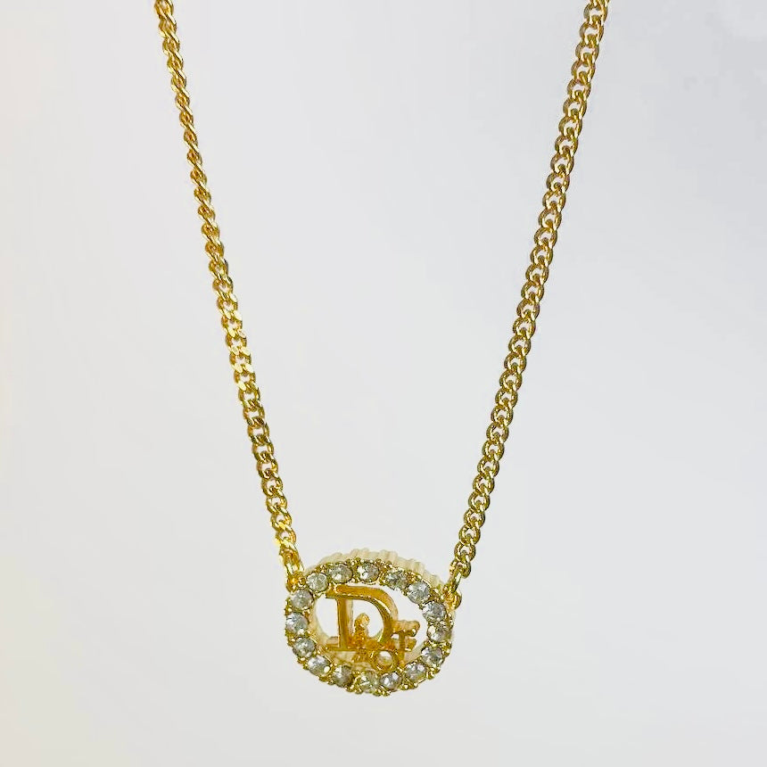 Christian Dior Gold Monogram Logo & Crystals Classic Vintage Pendant Necklace