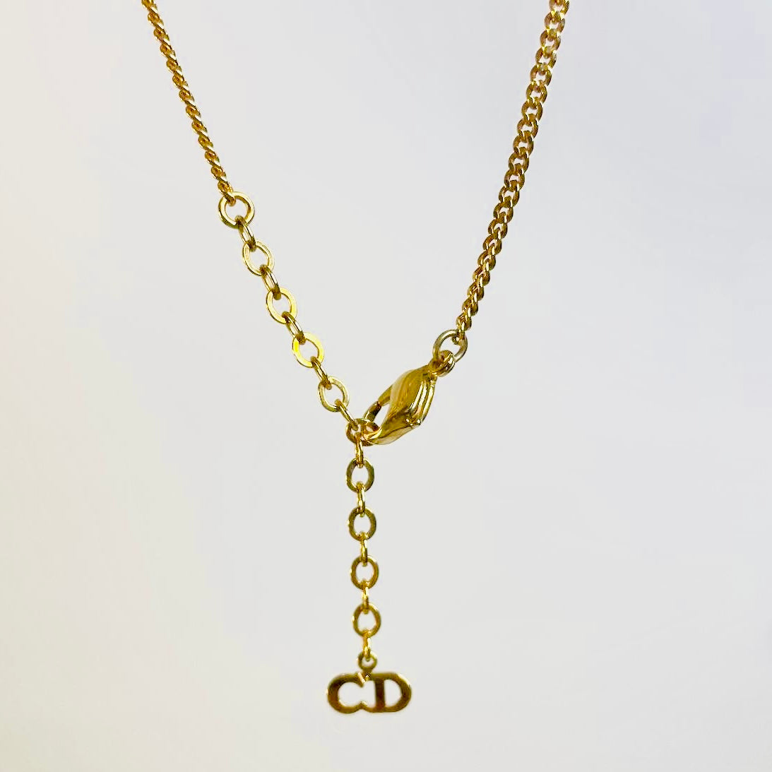 Christian Dior Gold Monogram Logo & Crystals Classic Vintage Pendant Necklace