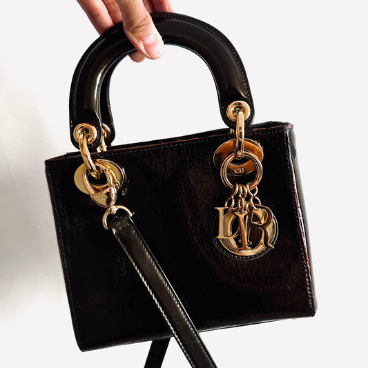 Christian Dior CD Dark Olive GHW Mini Lady Dior Oblique Monogram Logo Patent Leather Shoulder Sling Top Handle Bag