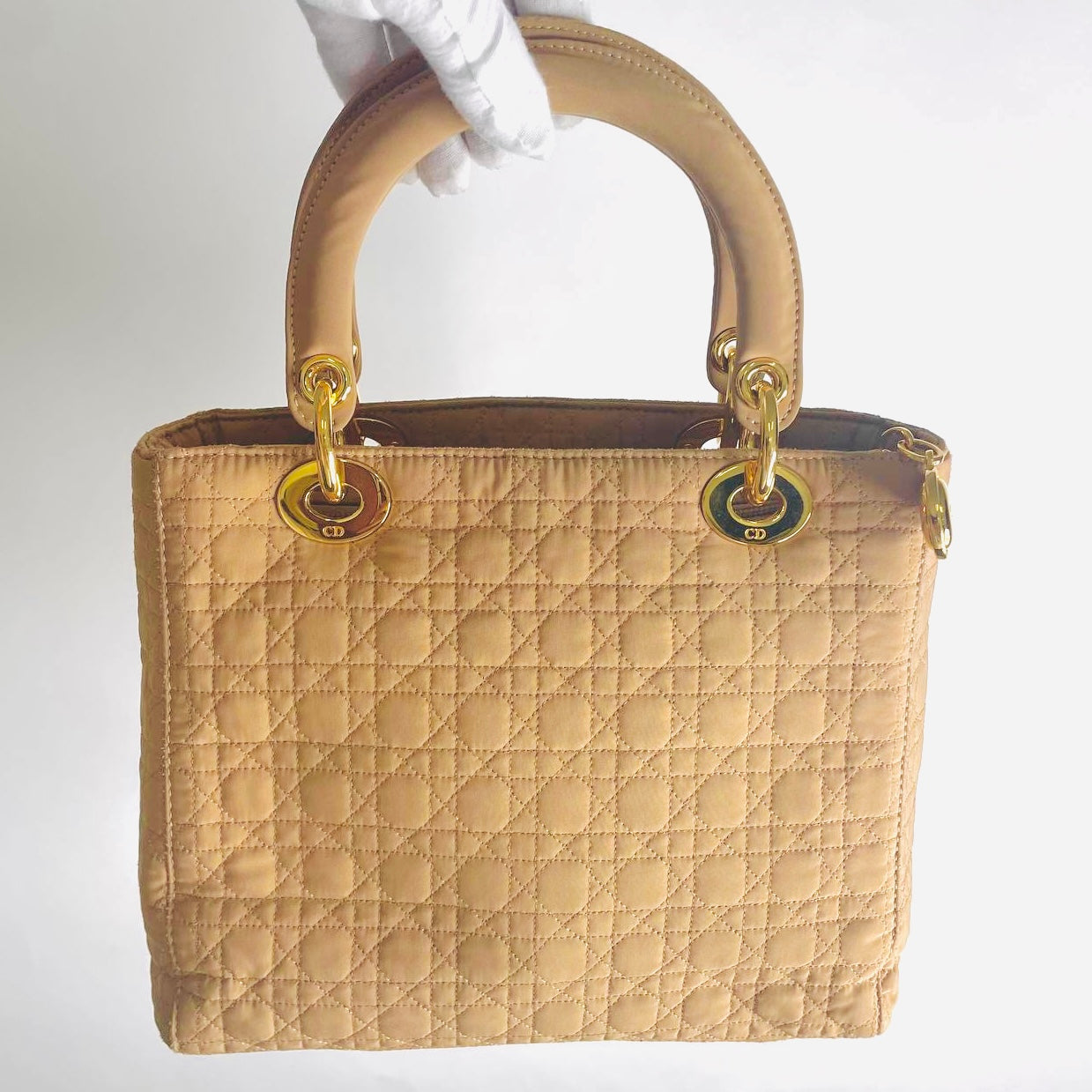 Christian Dior CD Taupe Beige GHW Medium Lady Dior Cannage Quilted Fabric Monogram Logo Top Handle Bag
