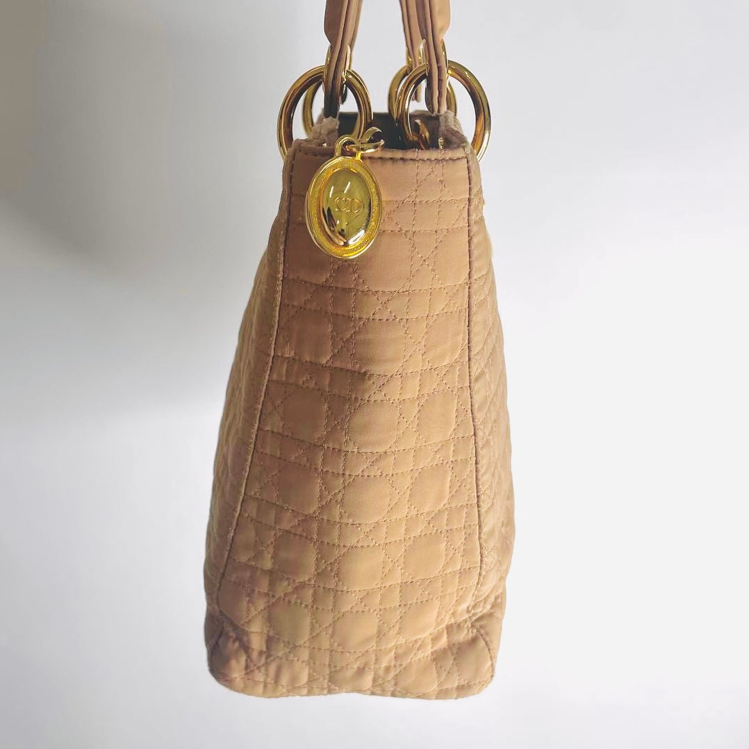 Christian Dior CD Taupe Beige GHW Medium Lady Dior Cannage Quilted Fabric Monogram Logo Top Handle Bag