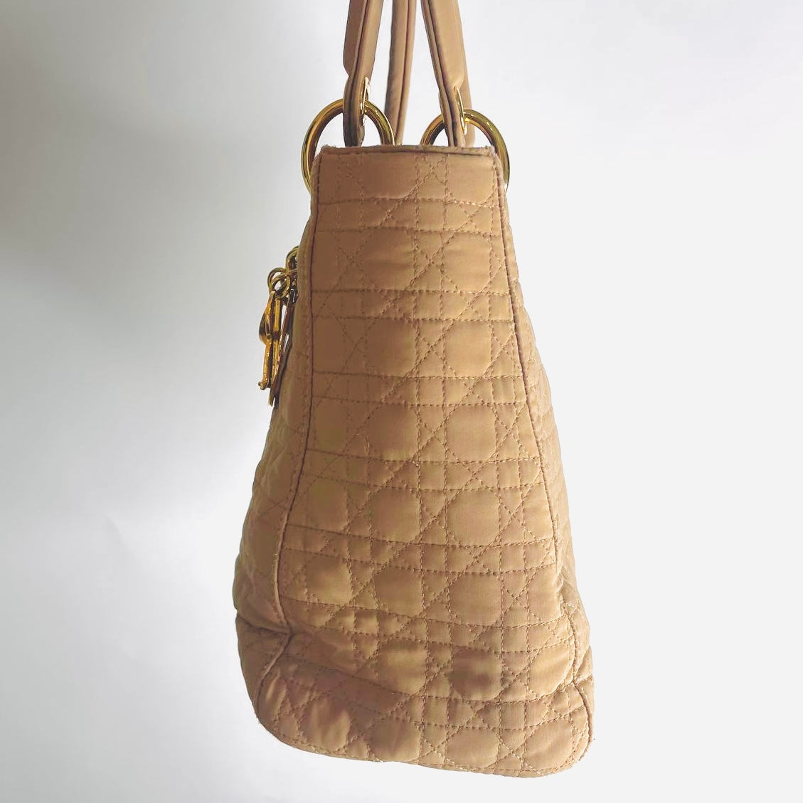 Christian Dior CD Taupe Beige GHW Medium Lady Dior Cannage Quilted Fabric Monogram Logo Top Handle Bag