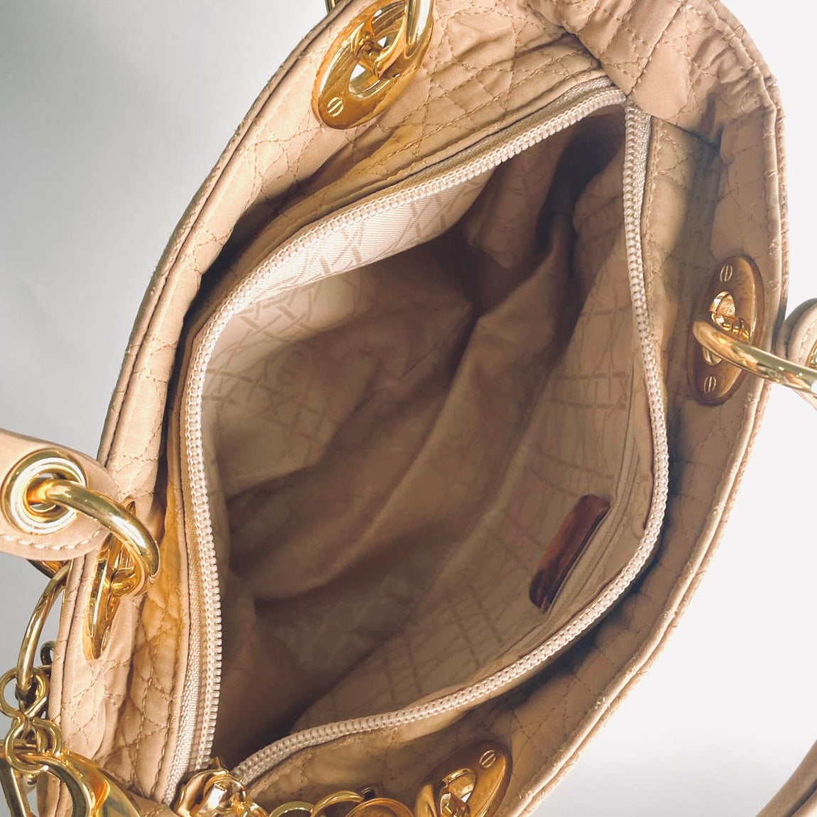 Christian Dior CD Taupe Beige GHW Medium Lady Dior Cannage Quilted Fabric Monogram Logo Top Handle Bag