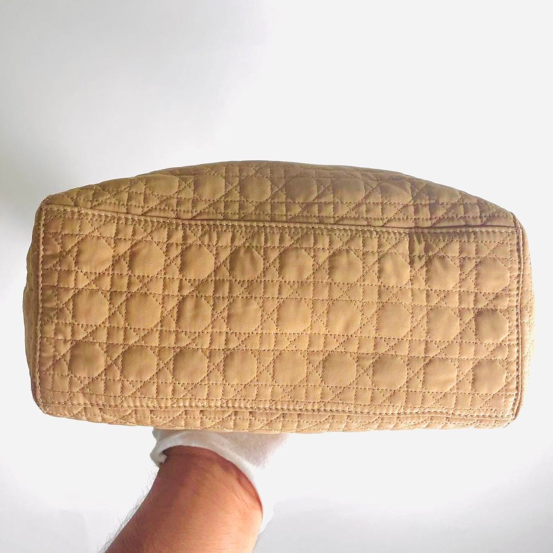 Christian Dior CD Taupe Beige GHW Medium Lady Dior Cannage Quilted Fabric Monogram Logo Top Handle Bag