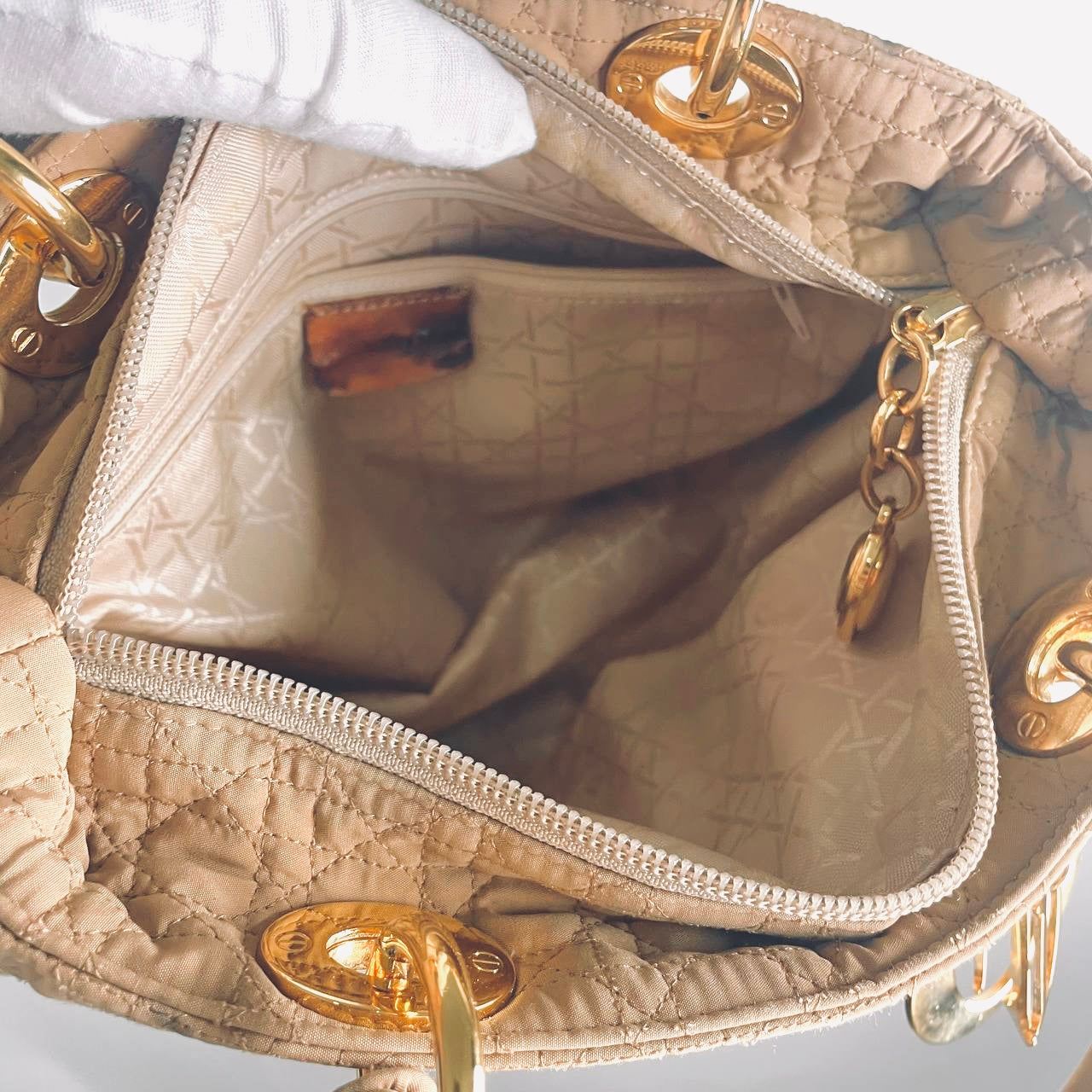 Christian Dior CD Taupe Beige GHW Medium Lady Dior Cannage Quilted Fabric Monogram Logo Top Handle Bag