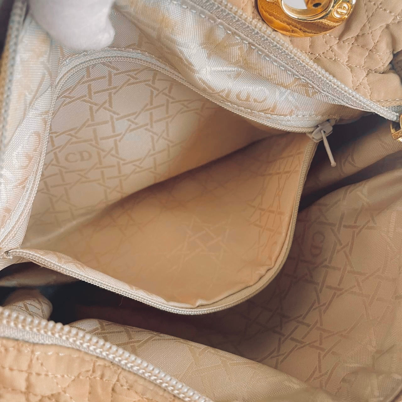 Christian Dior CD Taupe Beige GHW Medium Lady Dior Cannage Quilted Fabric Monogram Logo Top Handle Bag