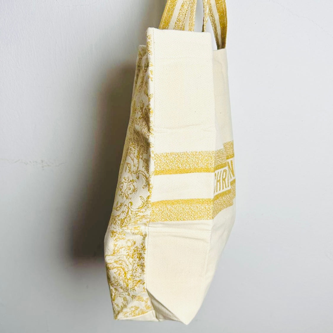Christian Dior CD Beige / Gold Monogram Logo Floral Striped Shopper Shoulder Tote Bag