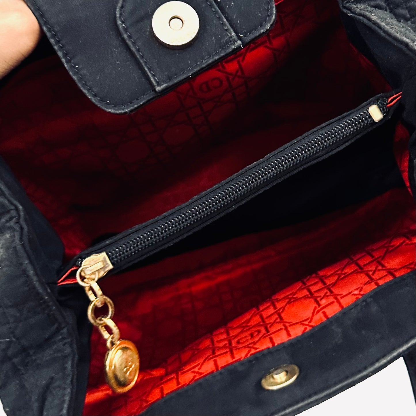 Christian Dior CD Black GHW Lady Dior Quilted Cannage Nylon Monogram Logo Vintage Shoulder Sling Tote Bag