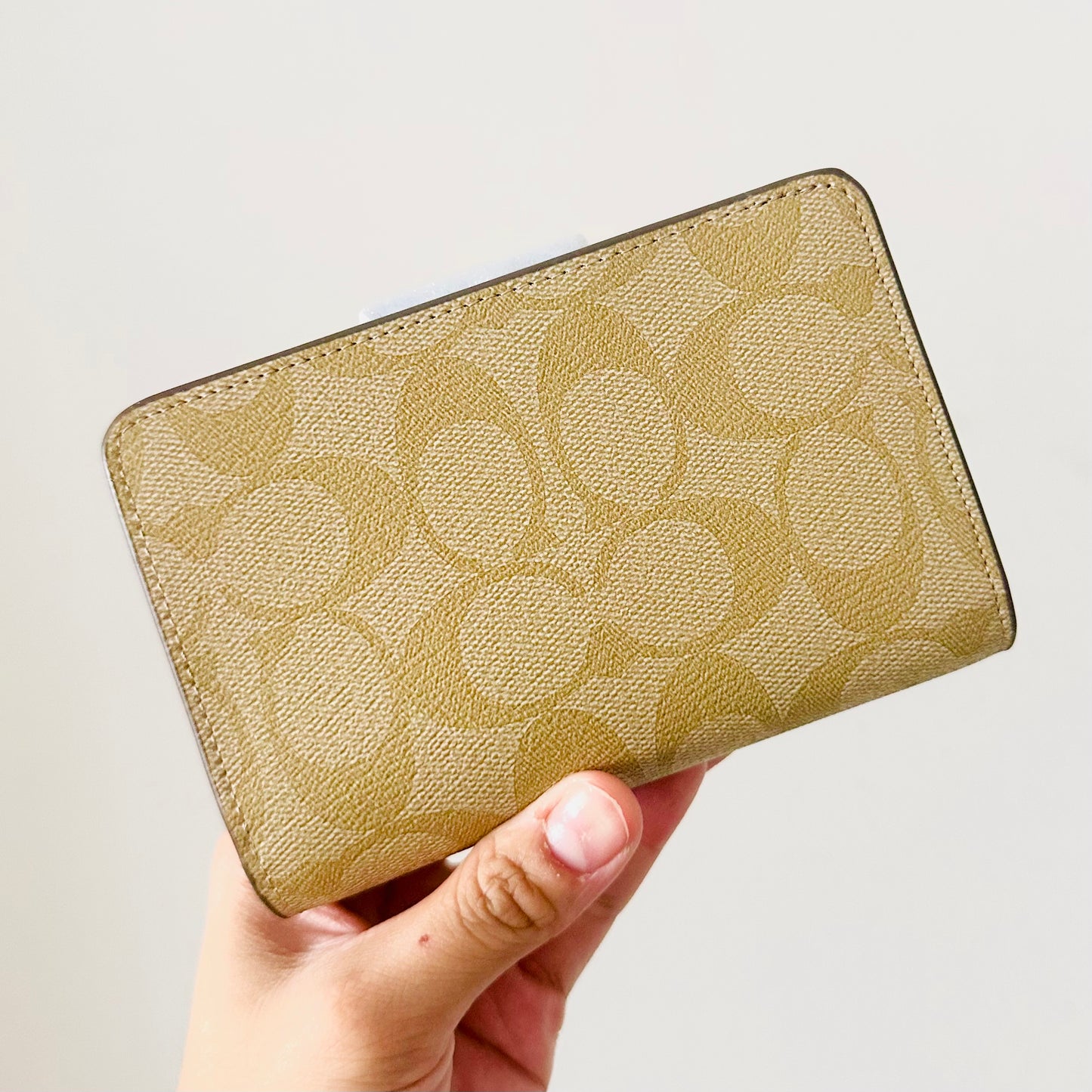 Coach Signature Monogram Canvas / Periwinkle Leather Medium Corner Zip Around Zippy Flap Compact Bifold Wallet
