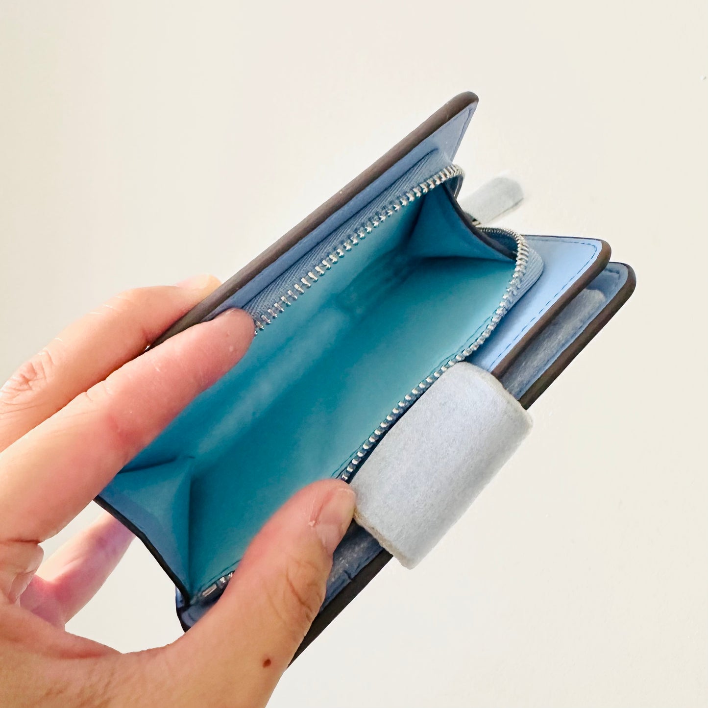 Coach Signature Monogram Canvas / Periwinkle Leather Medium Corner Zip Around Zippy Flap Compact Bifold Wallet