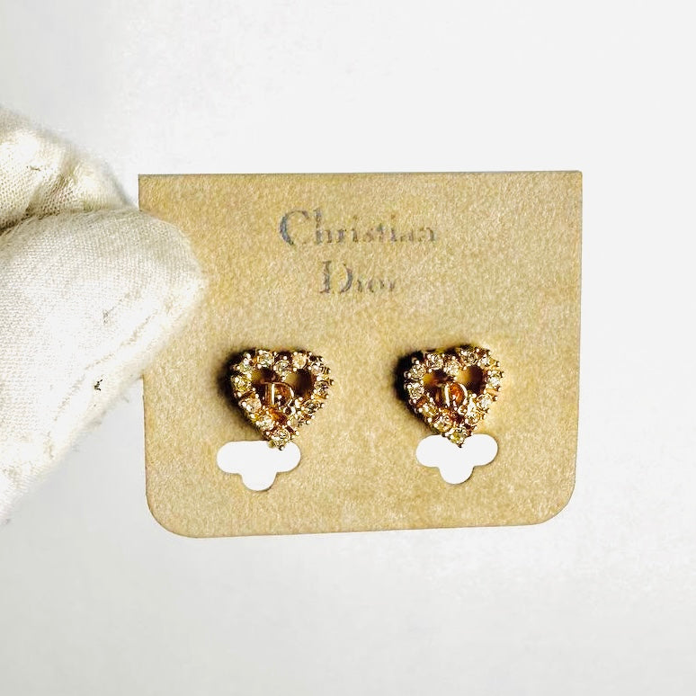 Christian Dior CD Monogram Logo Gold Signature Heart Crystals Clip On Earrings