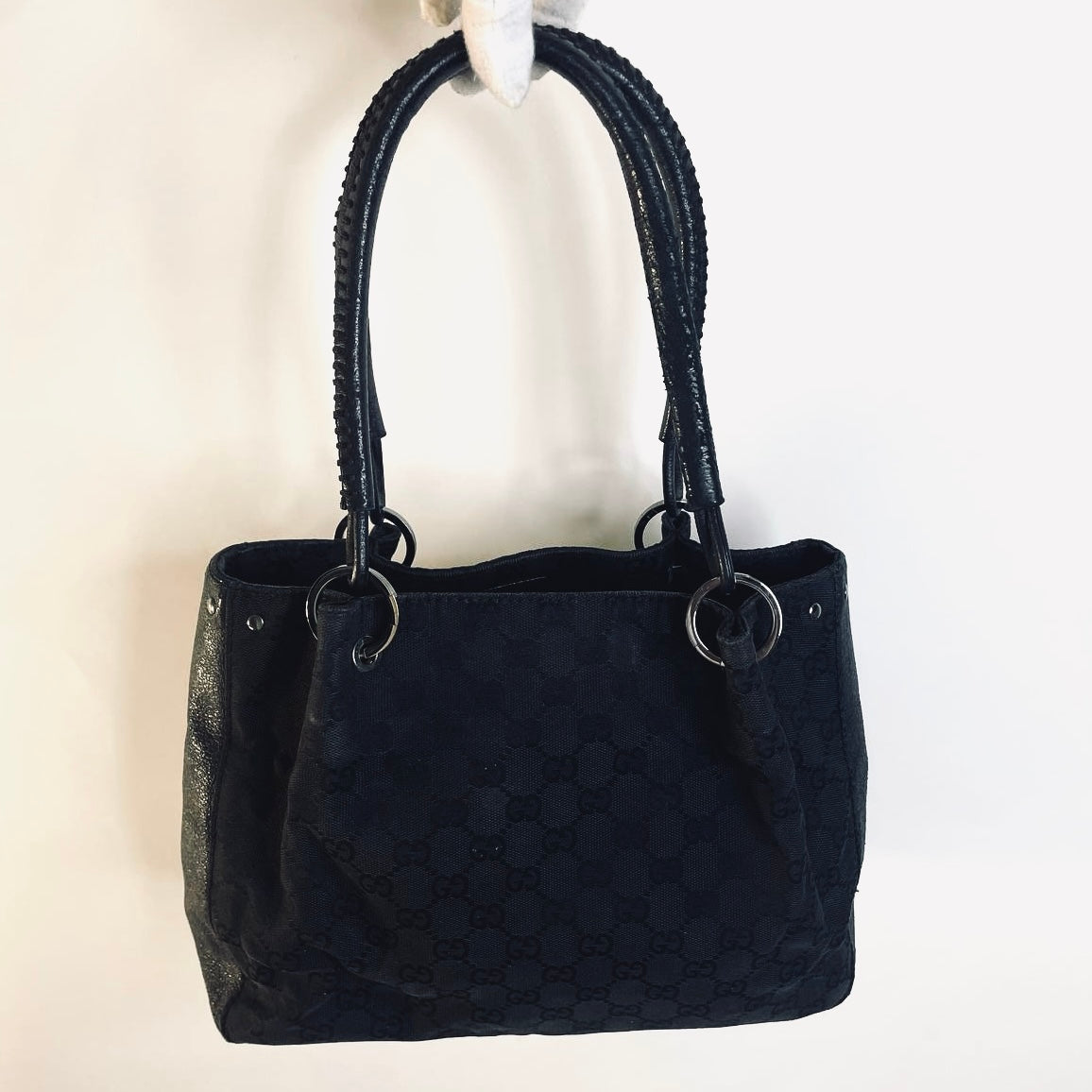 Gucci Black GG Monogram Logo Shopper Shoulder Tote Bag