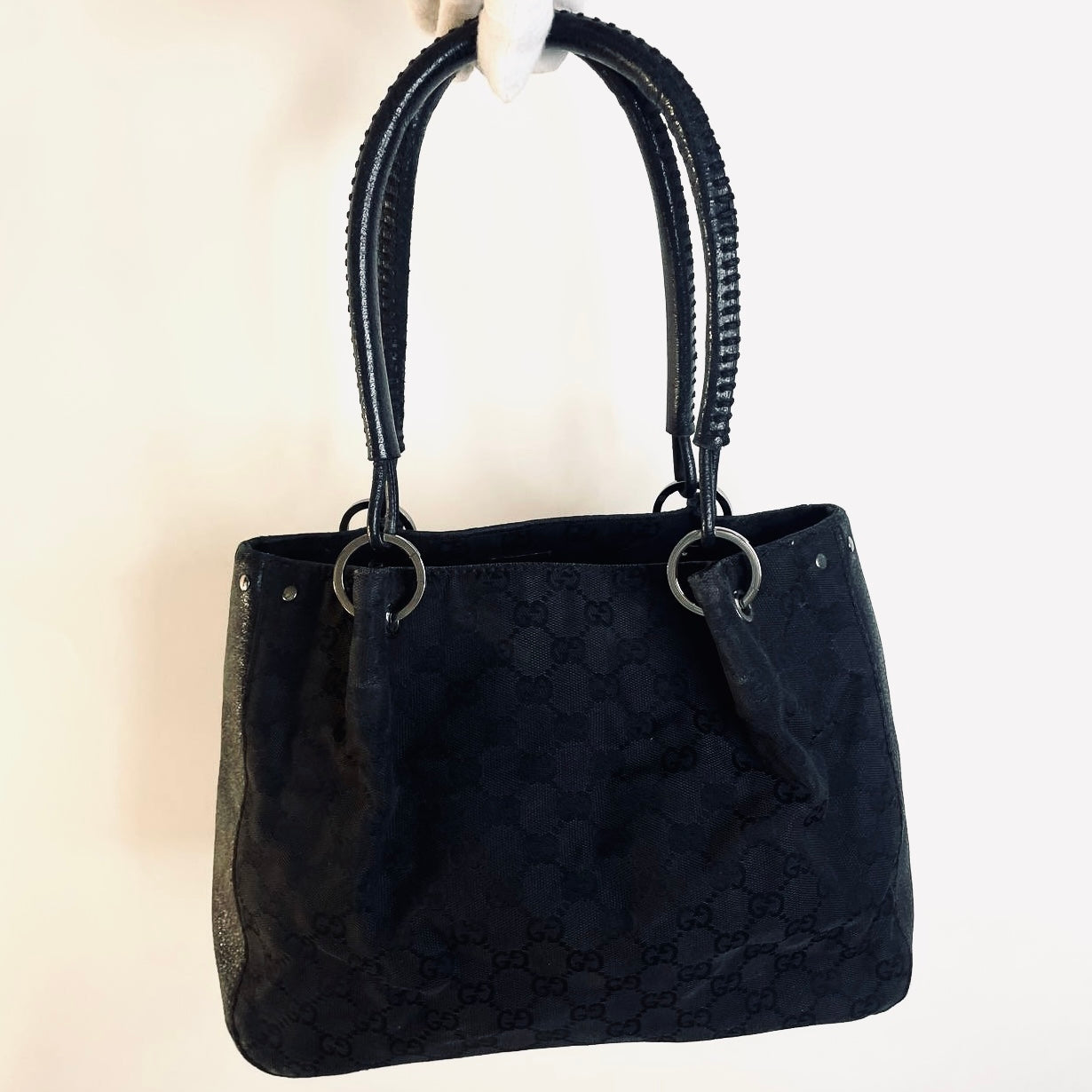 Gucci Black GG Monogram Logo Shopper Shoulder Tote Bag