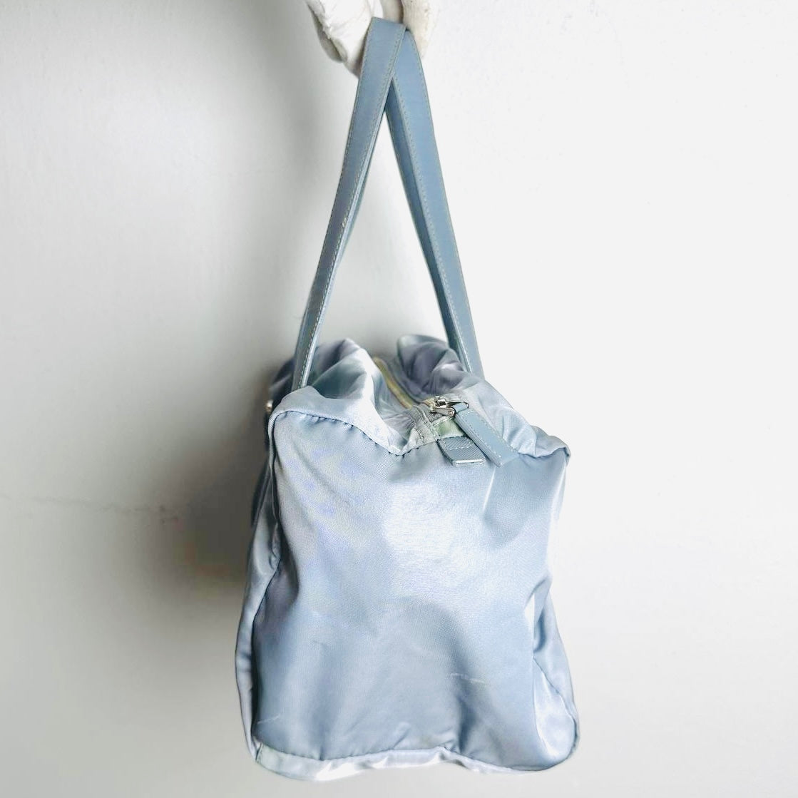 Prada Blue Tessuto / Leather Monogram Logo Nylon Shopper Shoulder Boston Tote Bag