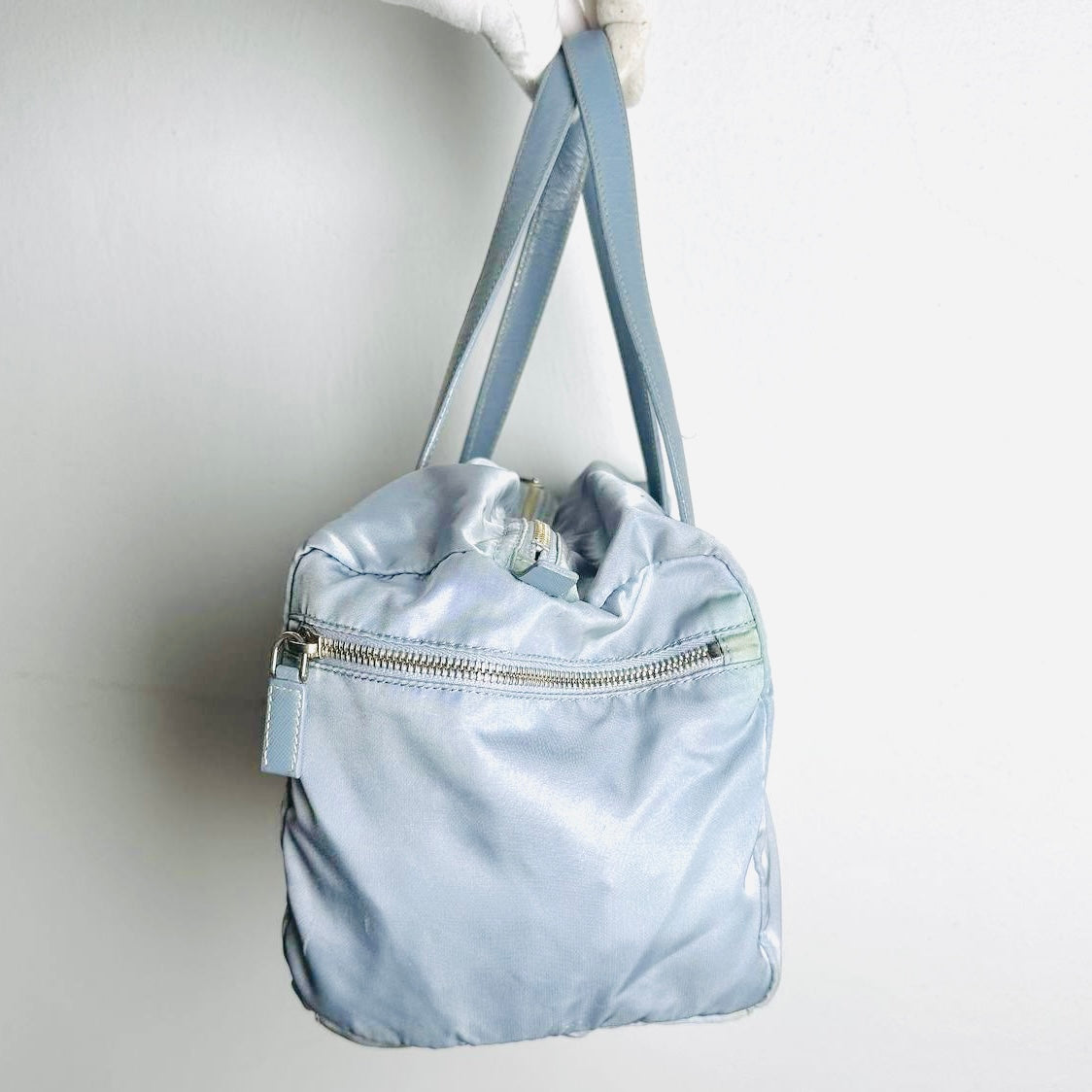 Prada Blue Tessuto / Leather Monogram Logo Nylon Shopper Shoulder Boston Tote Bag