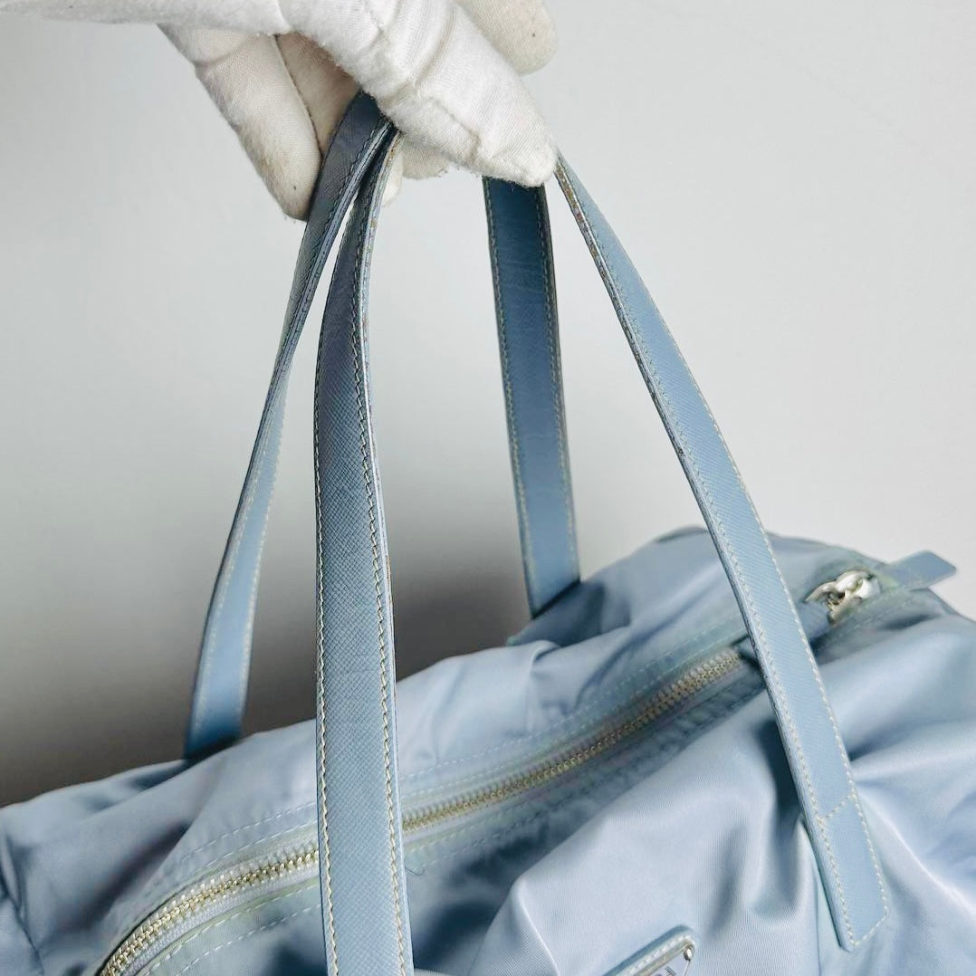 Prada Blue Tessuto / Leather Monogram Logo Nylon Shopper Shoulder Boston Tote Bag