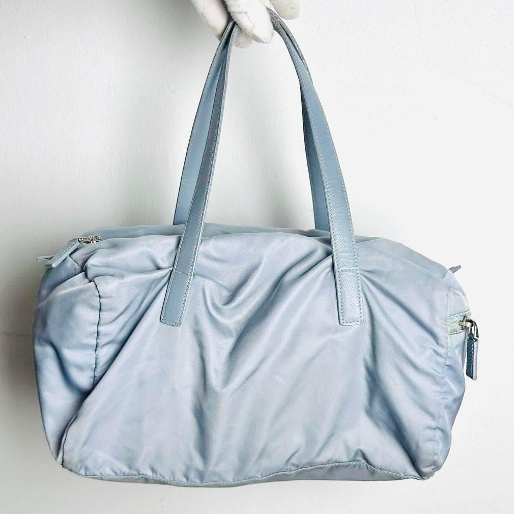 Prada Blue Tessuto / Leather Monogram Logo Nylon Shopper Shoulder Boston Tote Bag