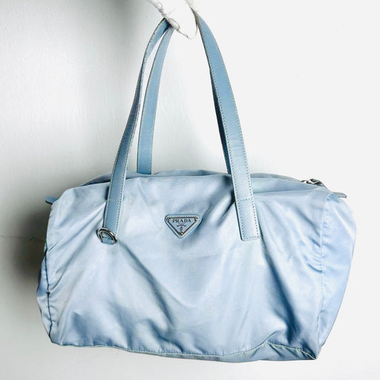 Prada Blue Tessuto / Leather Monogram Logo Nylon Shopper Shoulder Boston Tote Bag