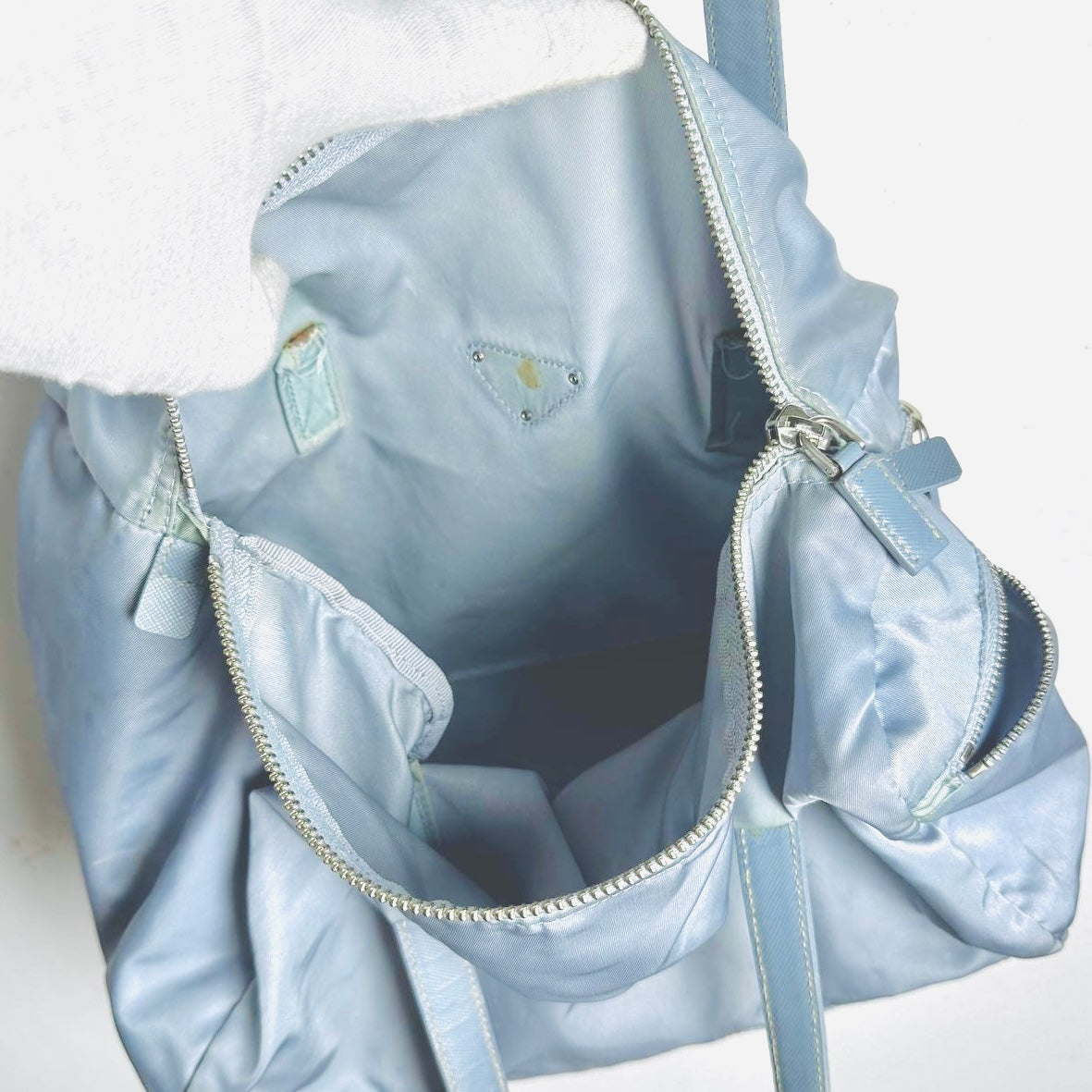 Prada Blue Tessuto / Leather Monogram Logo Nylon Shopper Shoulder Boston Tote Bag