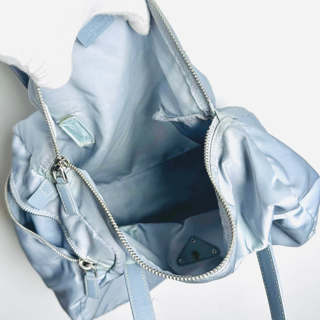 Prada Blue Tessuto / Leather Monogram Logo Nylon Shopper Shoulder Boston Tote Bag