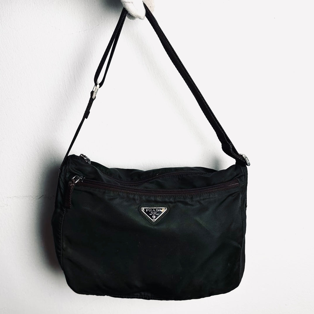 Prada Khaki Vela Nylon & Leather Monogram Logo Camera Shoulder Sling Bag