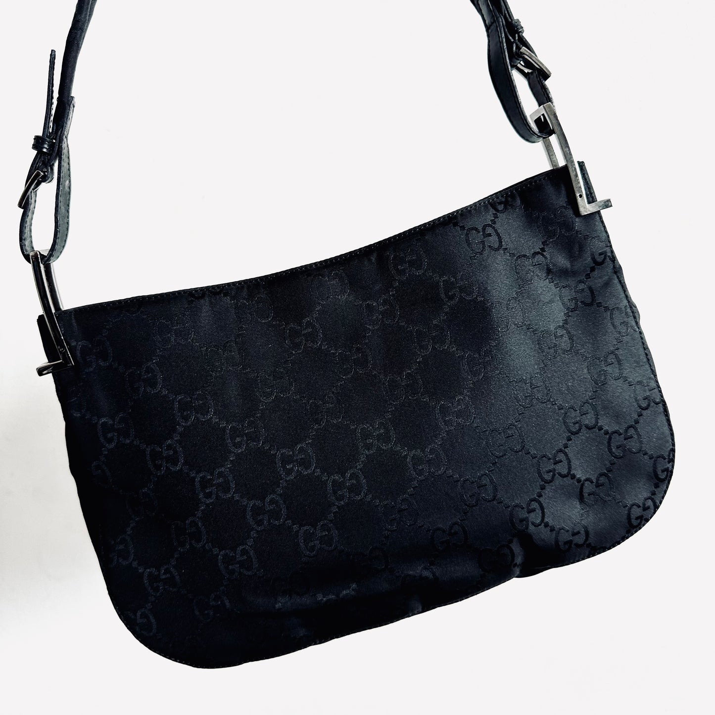 Gucci Black Iridescent GG Monogram Logo Hobo Baguette Shoulder Bag