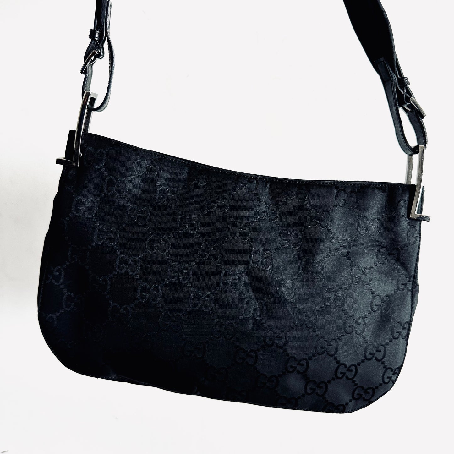 Gucci Black Iridescent GG Monogram Logo Hobo Baguette Shoulder Bag