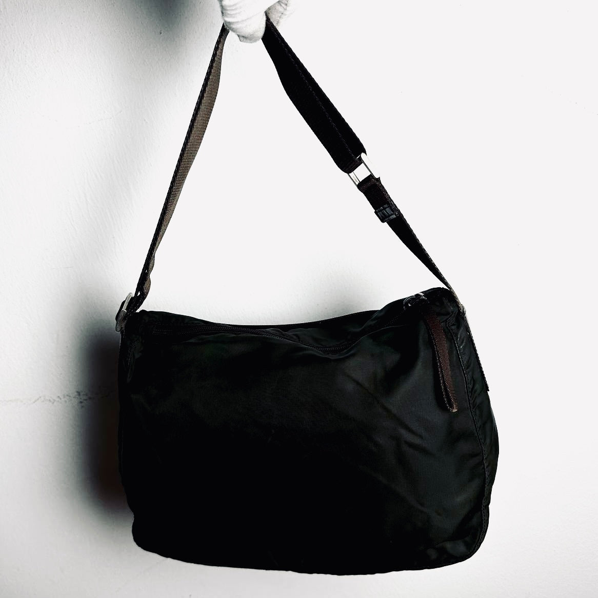 Prada Khaki Vela Nylon & Leather Monogram Logo Camera Shoulder Sling Bag