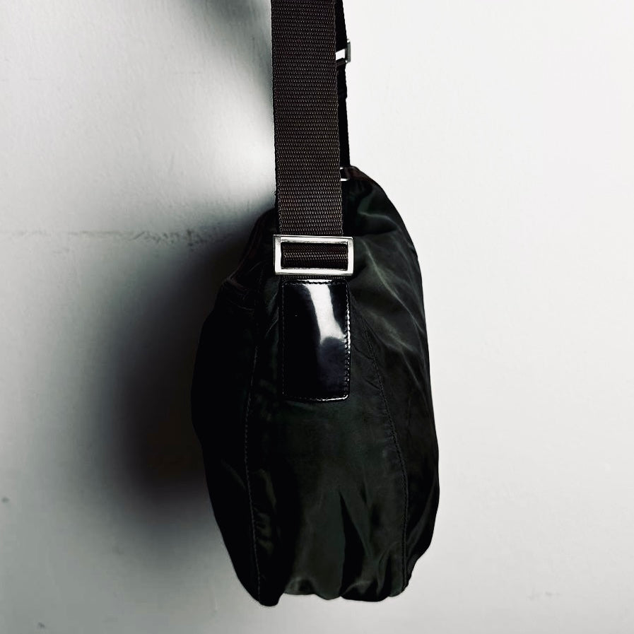 Prada Khaki Vela Nylon & Leather Monogram Logo Camera Shoulder Sling Bag