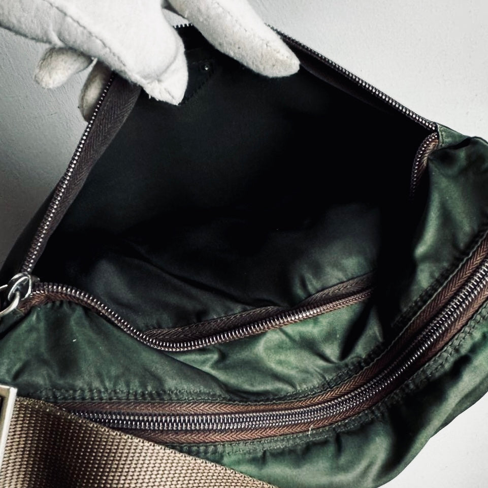 Prada Khaki Vela Nylon & Leather Monogram Logo Camera Shoulder Sling Bag