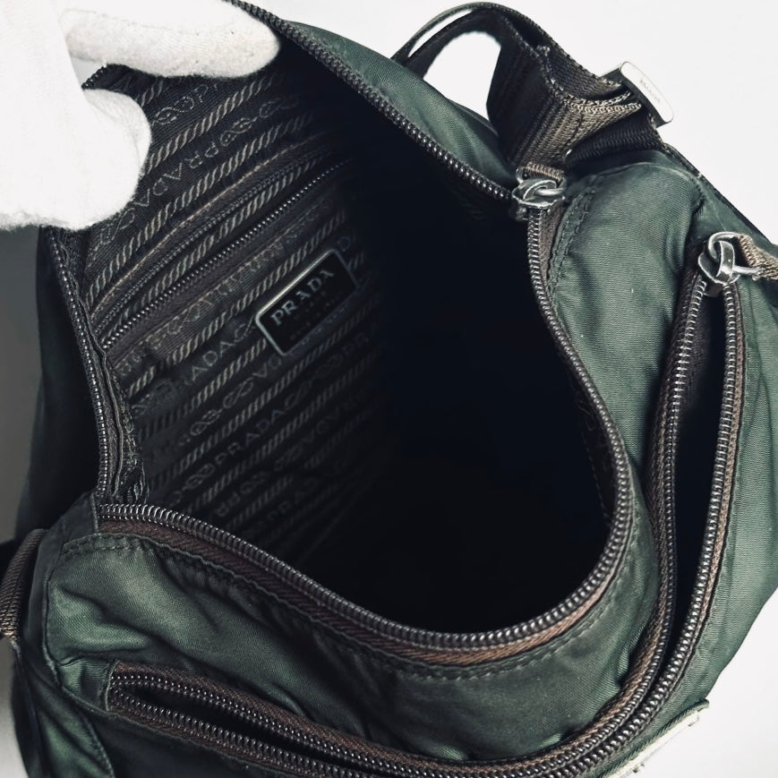 Prada Khaki Vela Nylon & Leather Monogram Logo Camera Shoulder Sling Bag