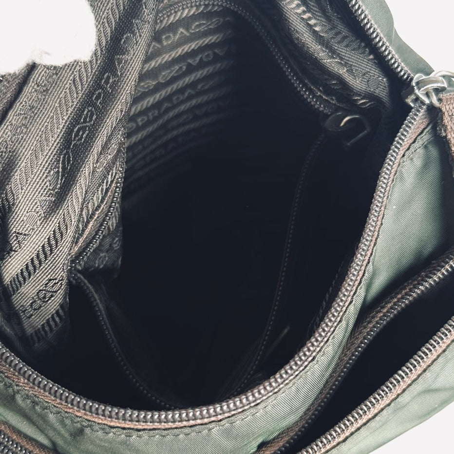 Prada Khaki Vela Nylon & Leather Monogram Logo Camera Shoulder Sling Bag