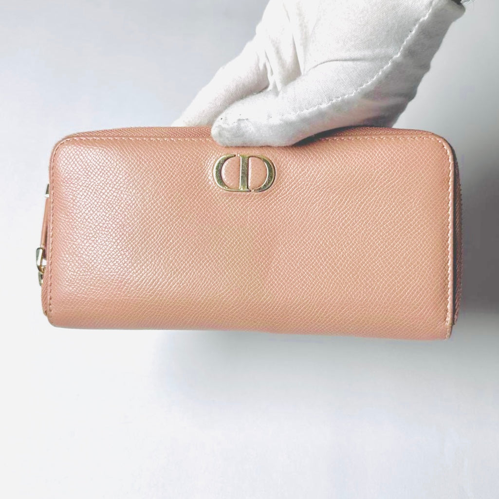 Christian Dior CD 30 Montaigne Blush Pink GHW Grained Calfskin Monogram Logo Zippy Zip Around Long Wallet