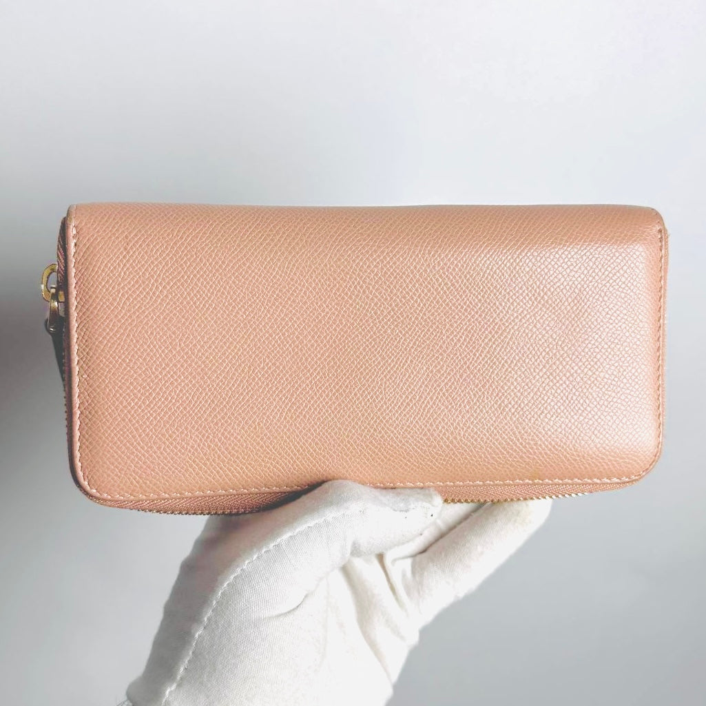 Christian Dior CD 30 Montaigne Blush Pink GHW Grained Calfskin Monogram Logo Zippy Zip Around Long Wallet