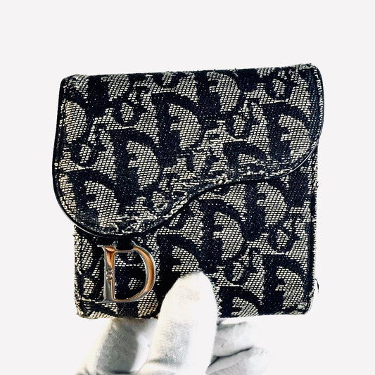 Christian Dior CD Black Saddle Lotus Oblique Monogram Logo Flap Trifold Compact Wallet
