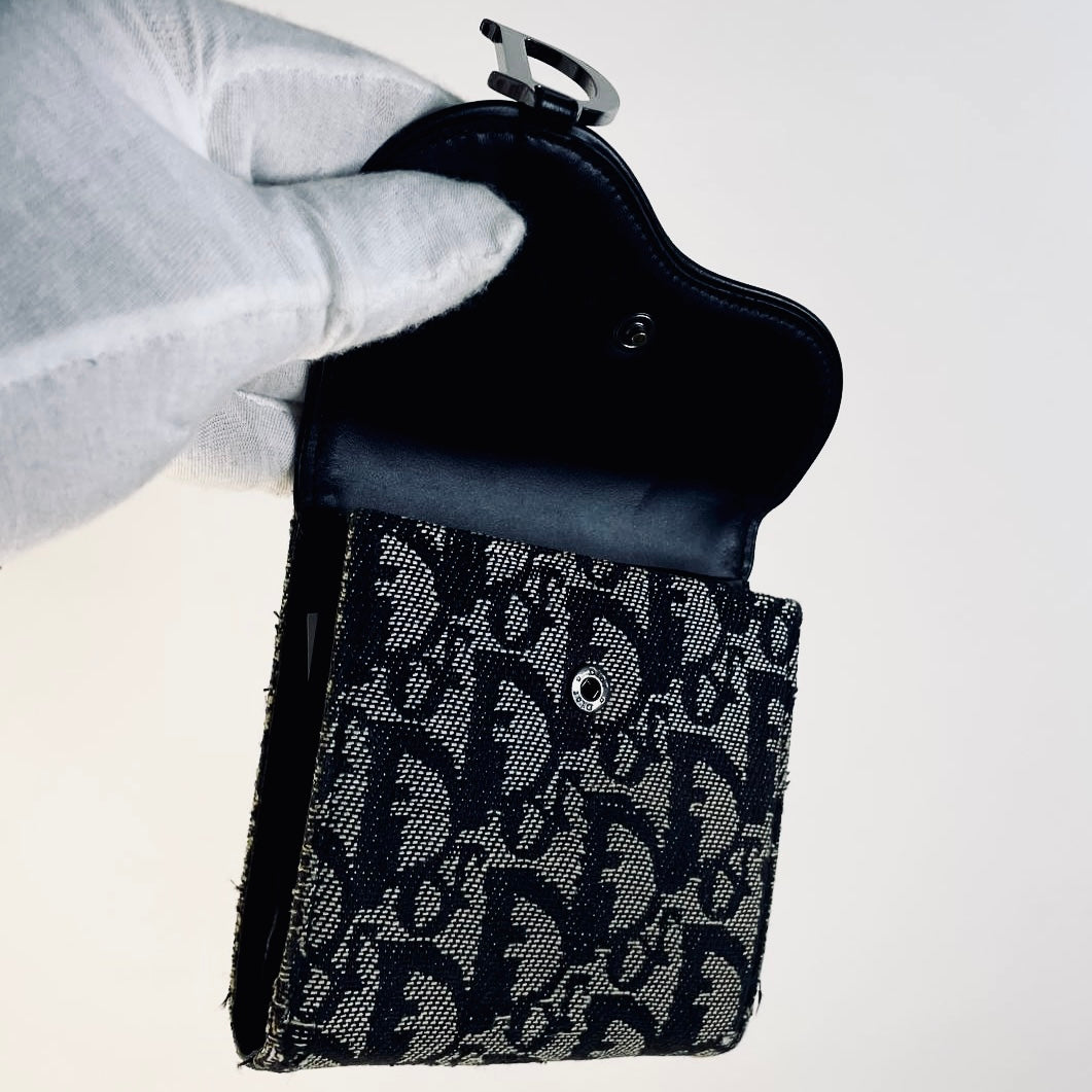 Christian Dior CD Black Saddle Lotus Oblique Monogram Logo Flap Trifold Compact Wallet