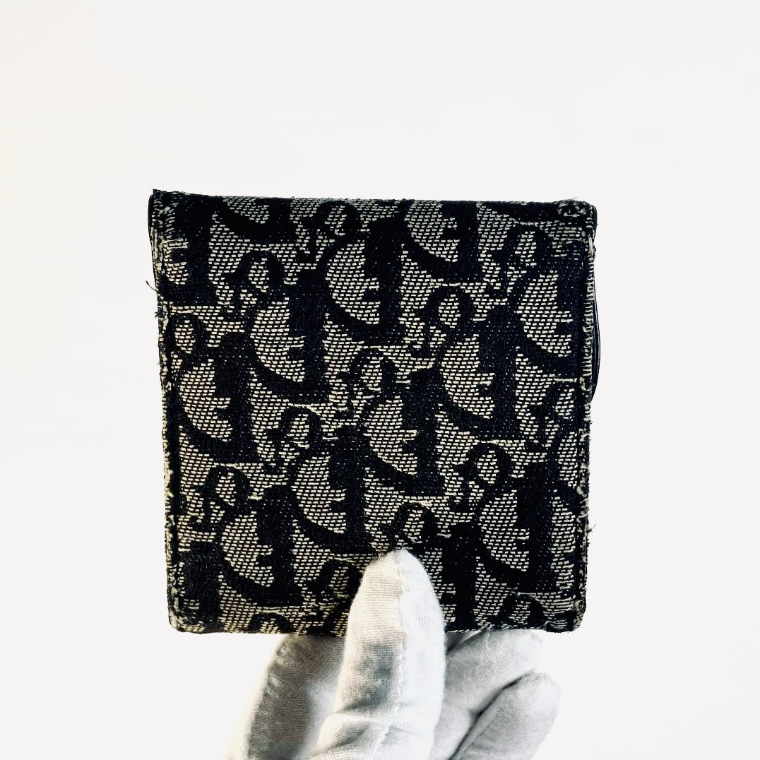 Christian Dior CD Black Saddle Lotus Oblique Monogram Logo Flap Trifold Compact Wallet