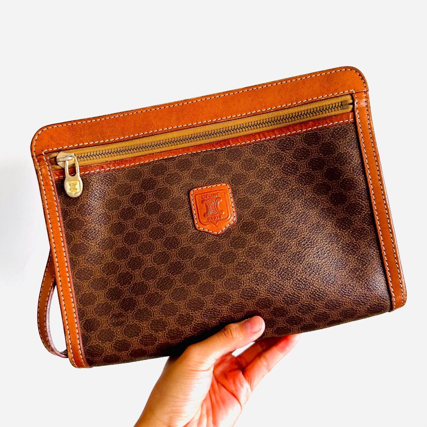 Celine Triomphe GHW Macadam Monogram Logo Vintage Wrislet Clutch Pouch Case