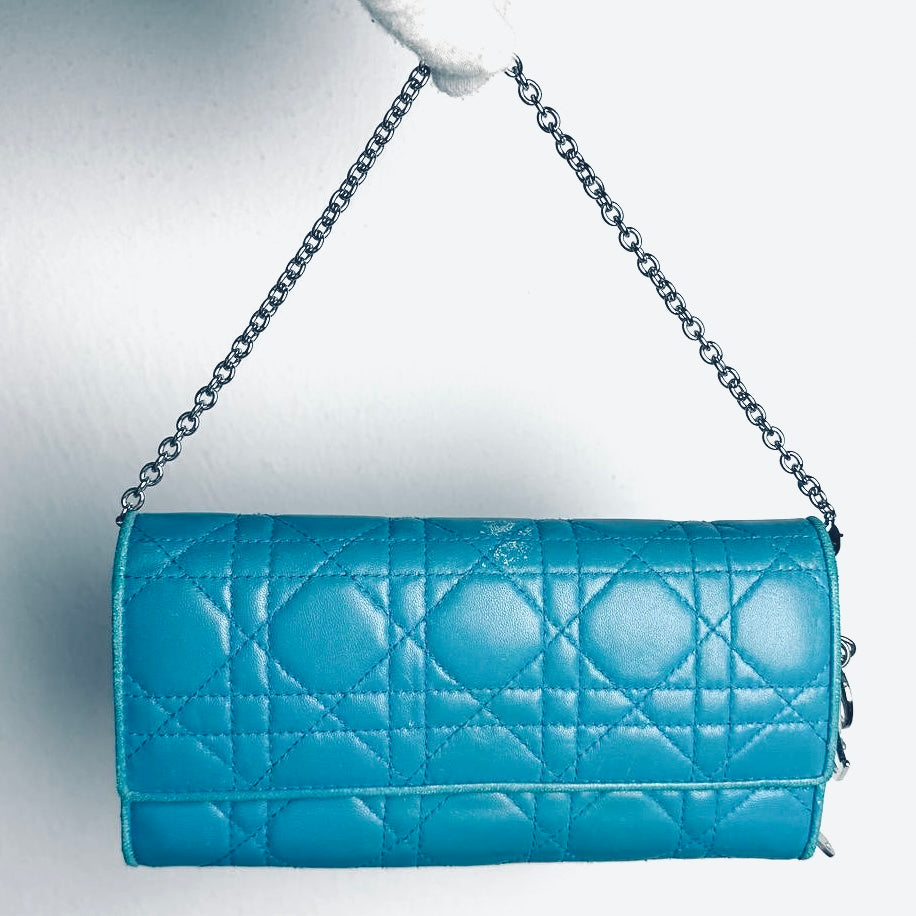 Christian Dior Turquoise Blue Lady Dior WOC CD Monogram Logo Quilted Cannage Lambskin Chain Long Flap Wallet On Chain