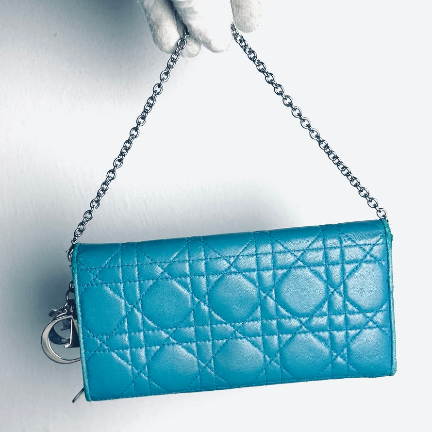 Christian Dior Turquoise Blue Lady Dior WOC CD Monogram Logo Quilted Cannage Lambskin Chain Long Flap Wallet On Chain