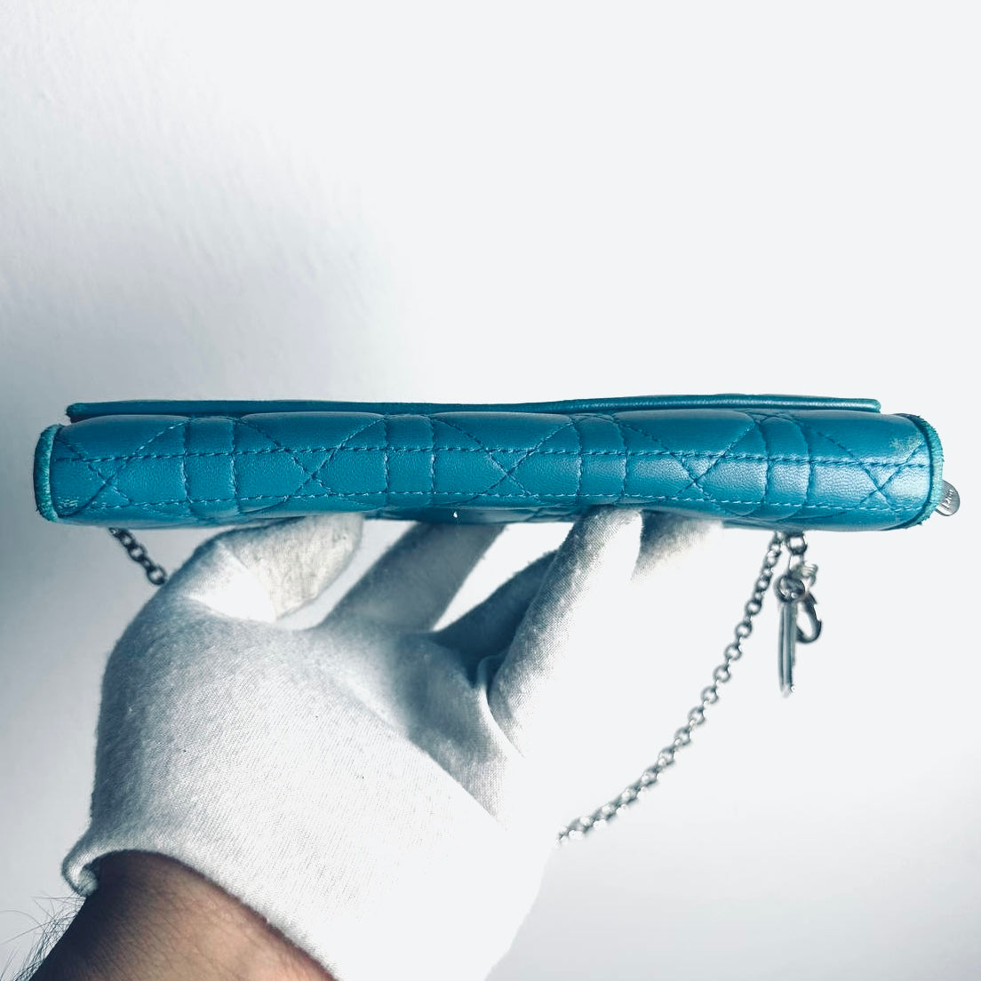 Christian Dior Turquoise Blue Lady Dior WOC CD Monogram Logo Quilted Cannage Lambskin Chain Long Flap Wallet On Chain