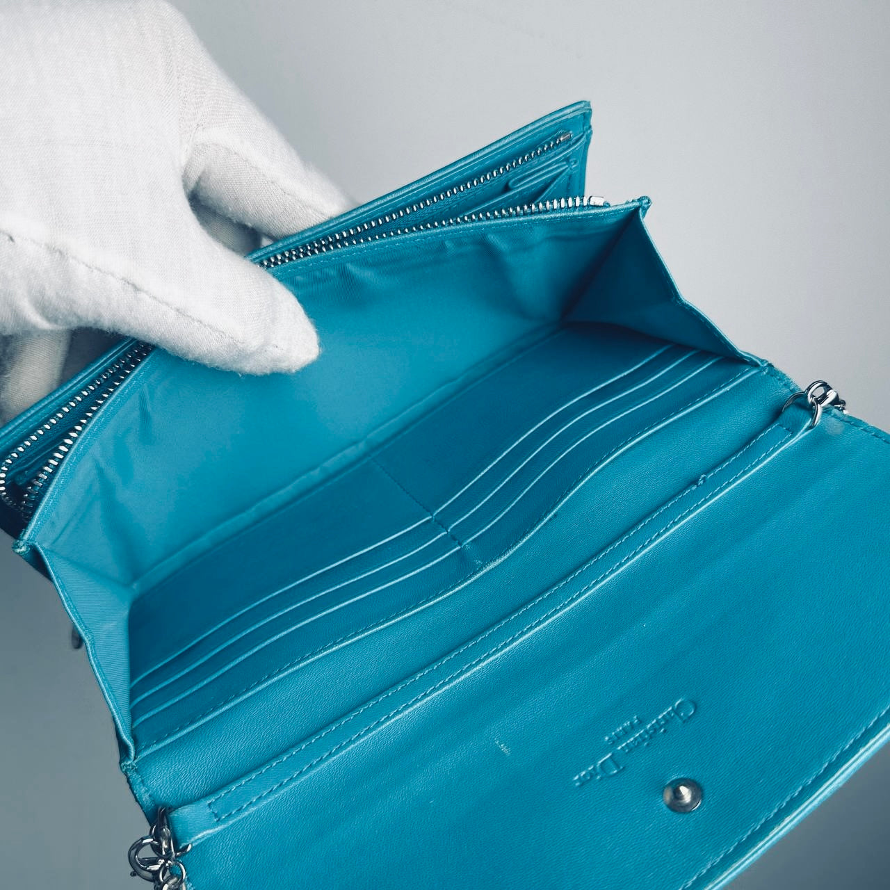 Christian Dior Turquoise Blue Lady Dior WOC CD Monogram Logo Quilted Cannage Lambskin Chain Long Flap Wallet On Chain