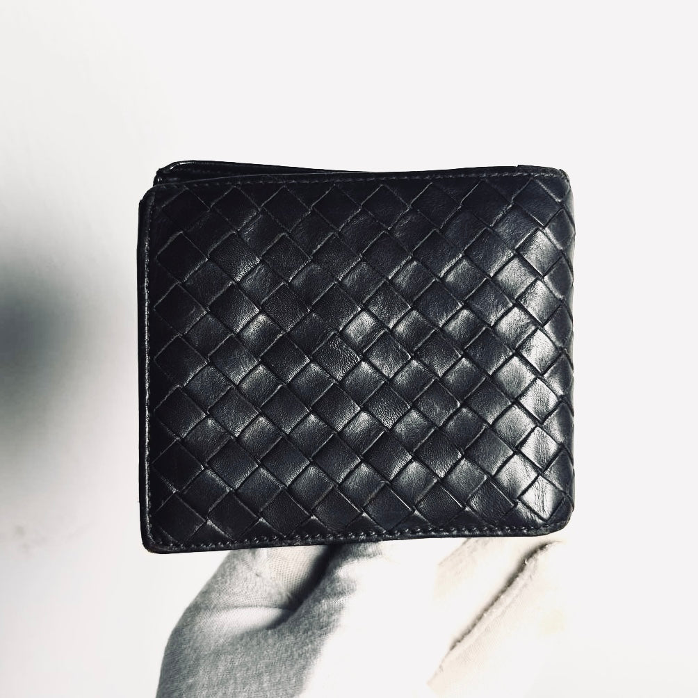 Bottega Veneta BV Dark Brown Intrecciato Nappa Woven Leather Compact Flap Bifold Wallet