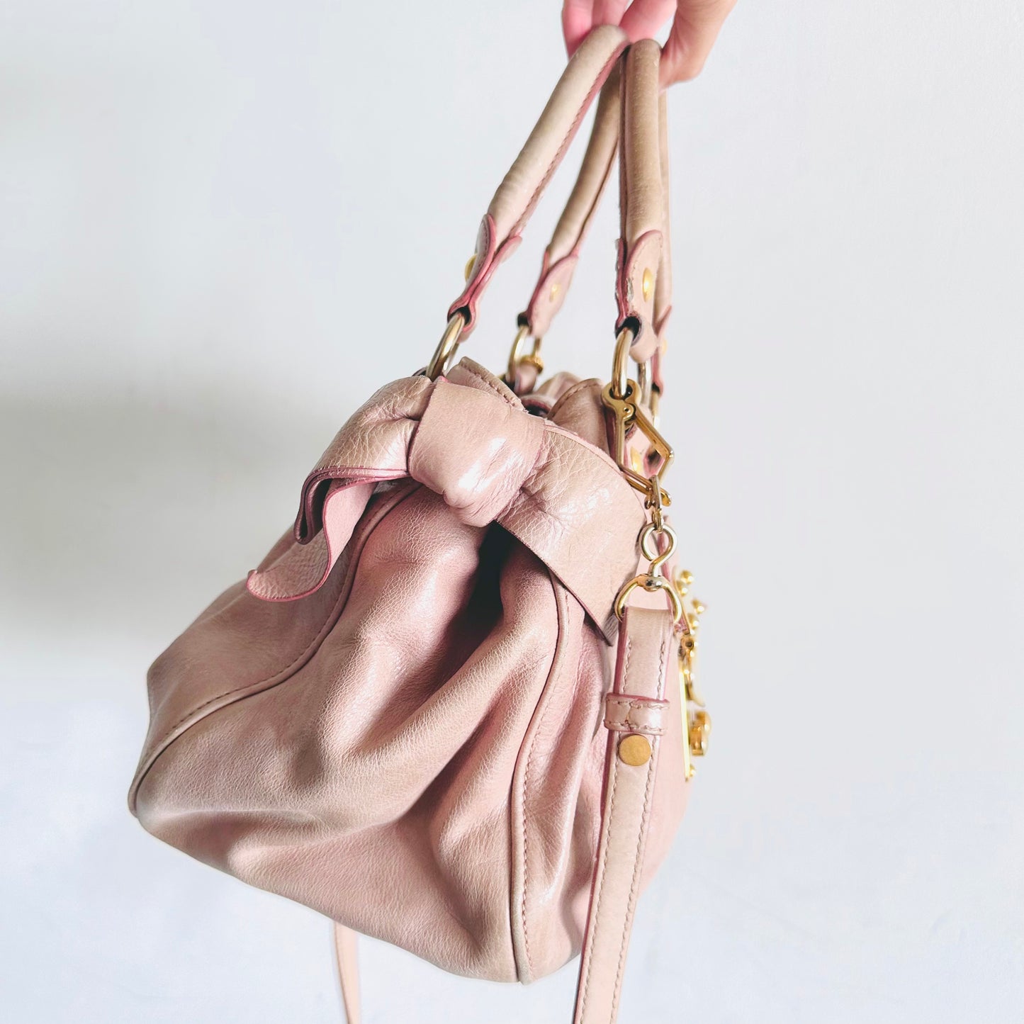 Miu Miu Blush Pink GHW Vitello Shine Bauletto Hobo Baguette Classic Logo 2-Way Shopper Shoulder Sling Tote Bag