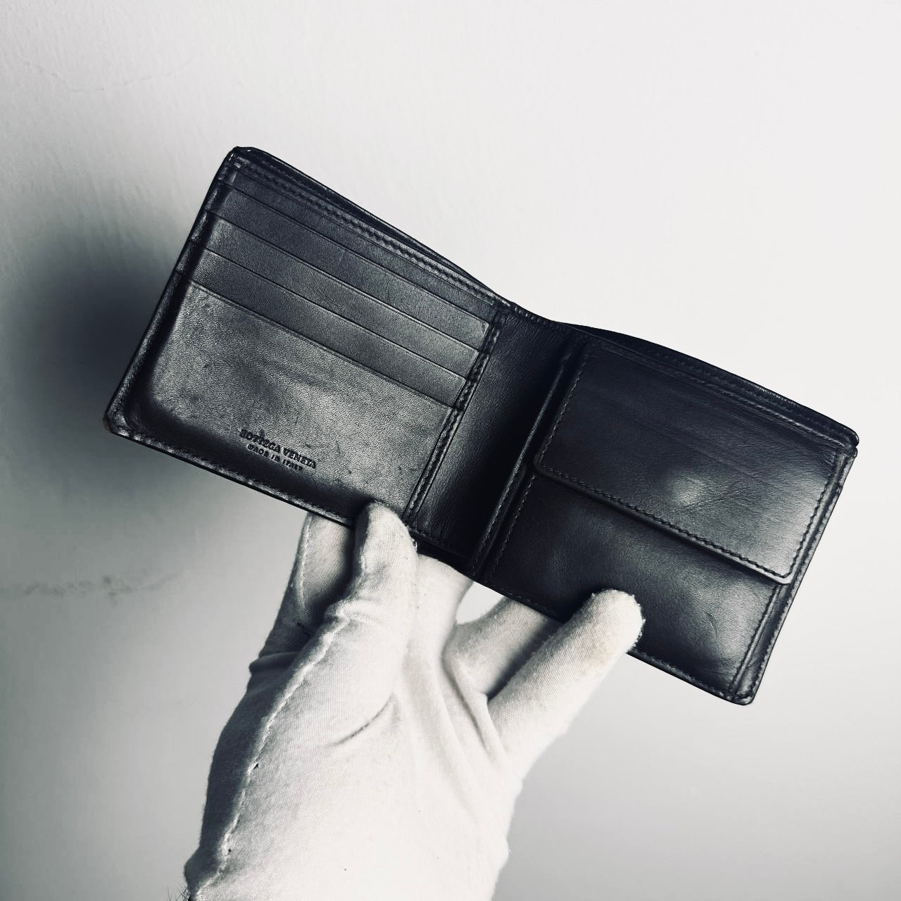 Bottega Veneta BV Dark Brown Intrecciato Nappa Woven Leather Compact Flap Bifold Wallet