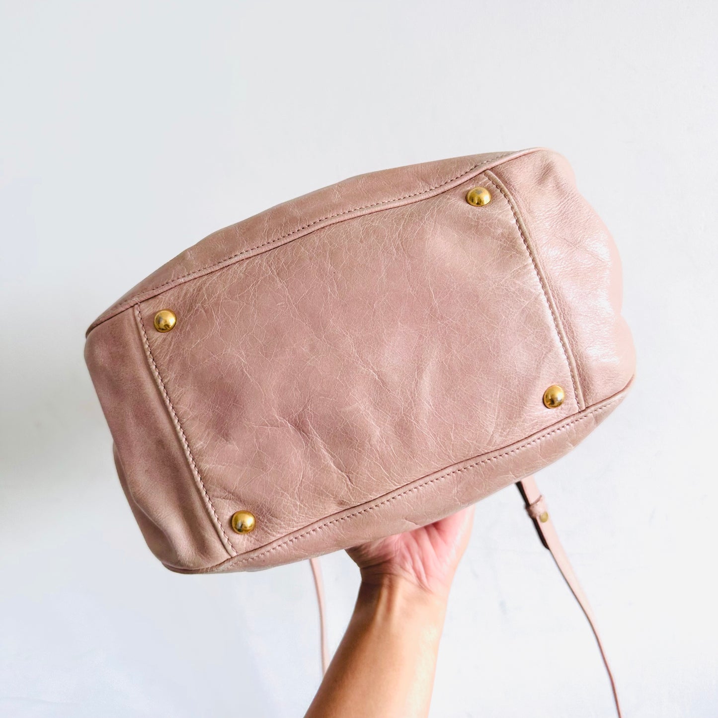 Miu Miu Blush Pink GHW Vitello Shine Bauletto Hobo Baguette Classic Logo 2-Way Shopper Shoulder Sling Tote Bag