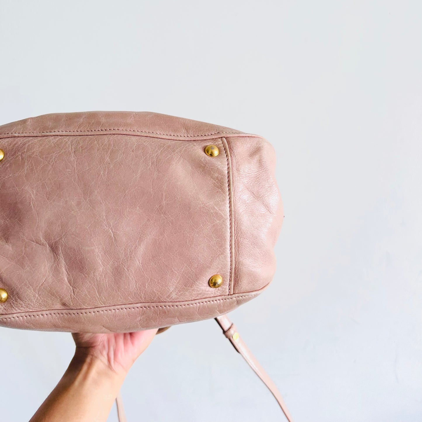 Miu Miu Blush Pink GHW Vitello Shine Bauletto Hobo Baguette Classic Logo 2-Way Shopper Shoulder Sling Tote Bag