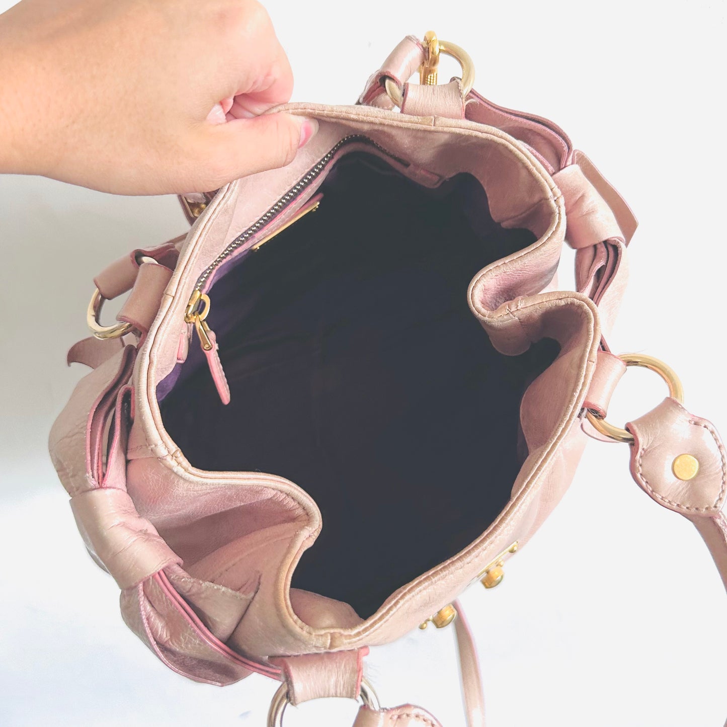 Miu Miu Blush Pink GHW Vitello Shine Bauletto Hobo Baguette Classic Logo 2-Way Shopper Shoulder Sling Tote Bag