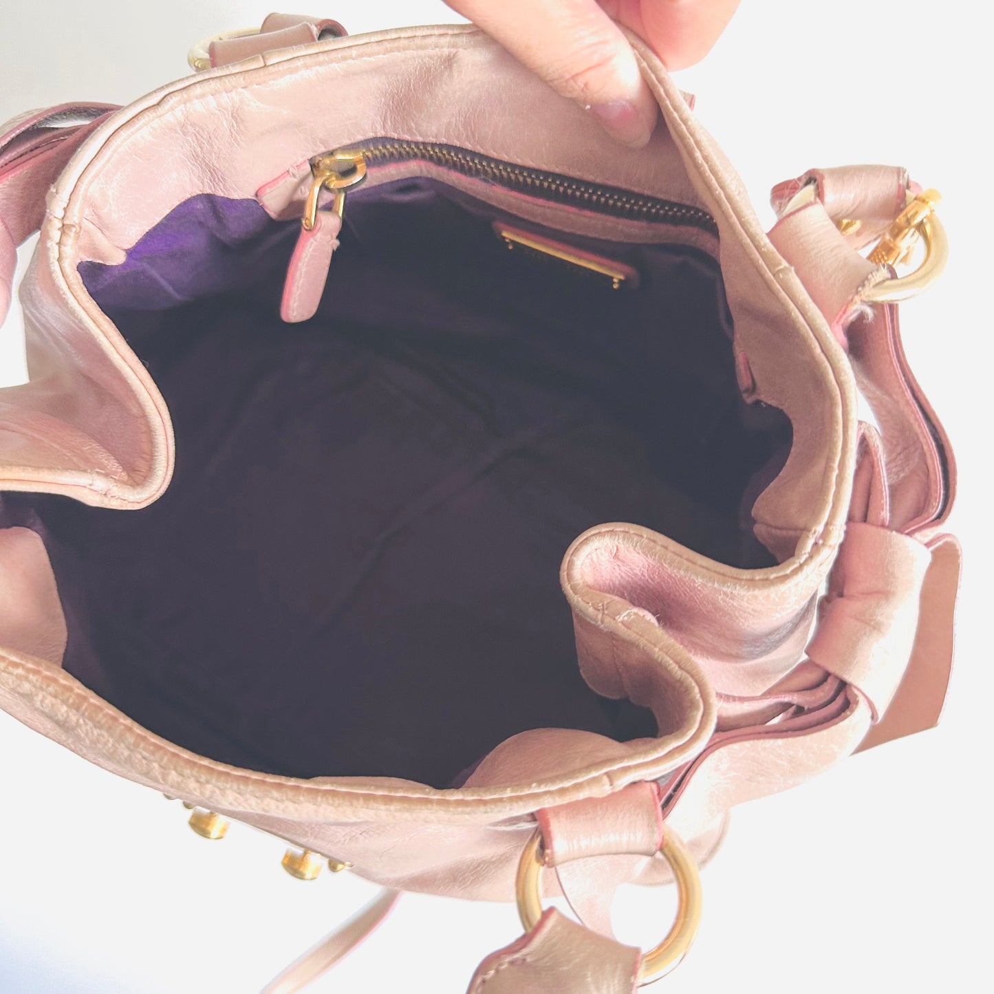 Miu Miu Blush Pink GHW Vitello Shine Bauletto Hobo Baguette Classic Logo 2-Way Shopper Shoulder Sling Tote Bag